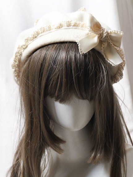 Lolita Beige Sweet Beret Satin Lace Bowknot