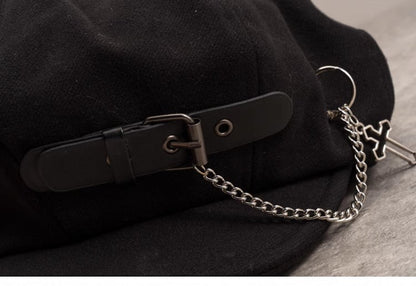 Gothic Beret Chain Buckle with Black Handmade PU Cross