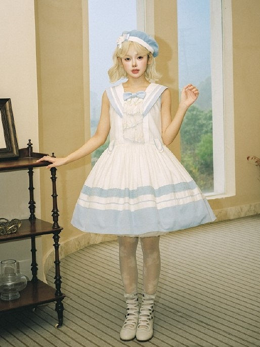 Accent Light White Sailor Bow Collar and Milk Lace Trims Lolita with Blue Dress