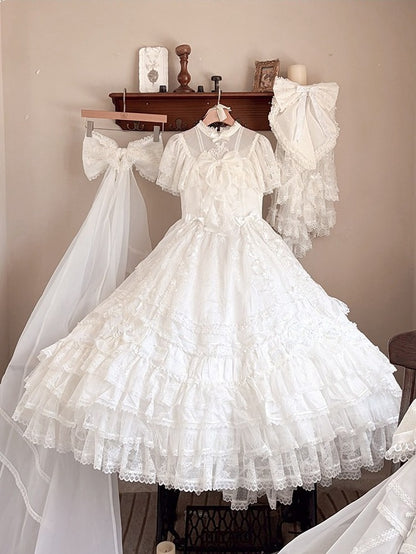 Ivory Floral Embroidered Lolita Gown with Lace Trim and Bow Train - Mademoiselle Pearl