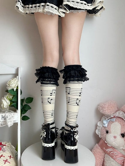 Musical Stockings Print Trim Notes Lace