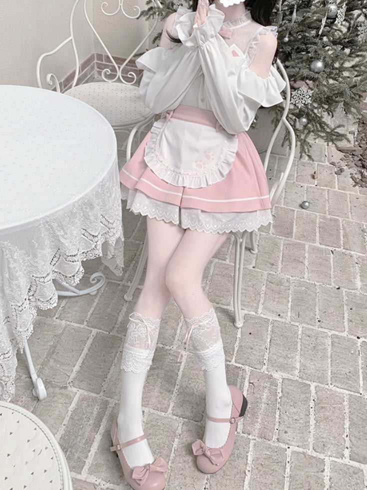 Pink-weißes Jirai Kei-Komplettset – Oberteil mit Illusionsausschnitt, ausgeschnittenen Schultern + Rock im Schürzendesign + Fliege