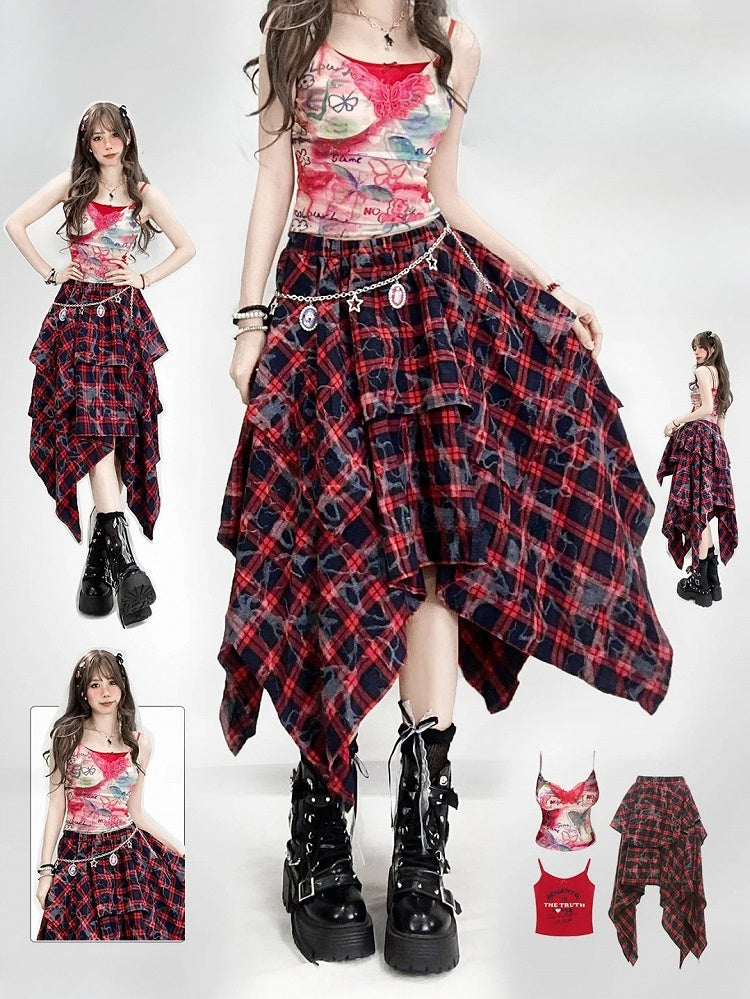 Y2K Hem BlackRed Plaid Pattern Skirt Handkerchief