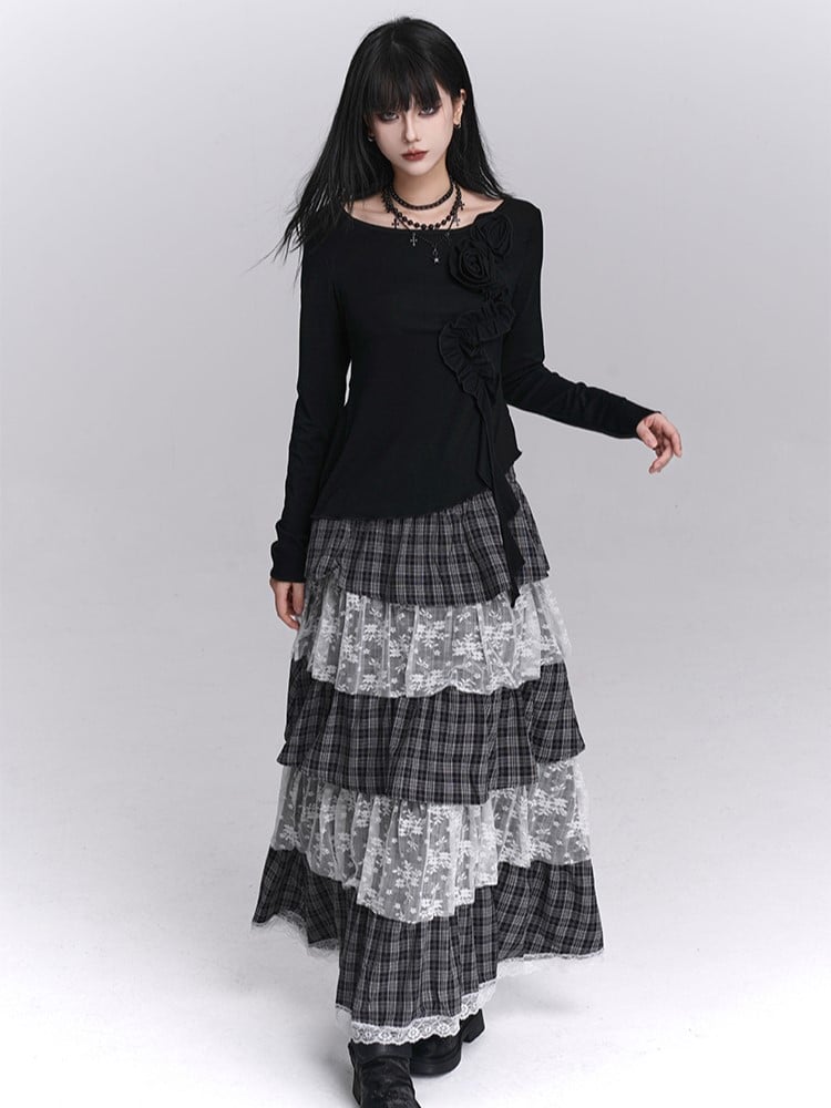 Stufenrock, schwarze Lagen, weißer Maxi mit karierter Spitze in niedriger Taille