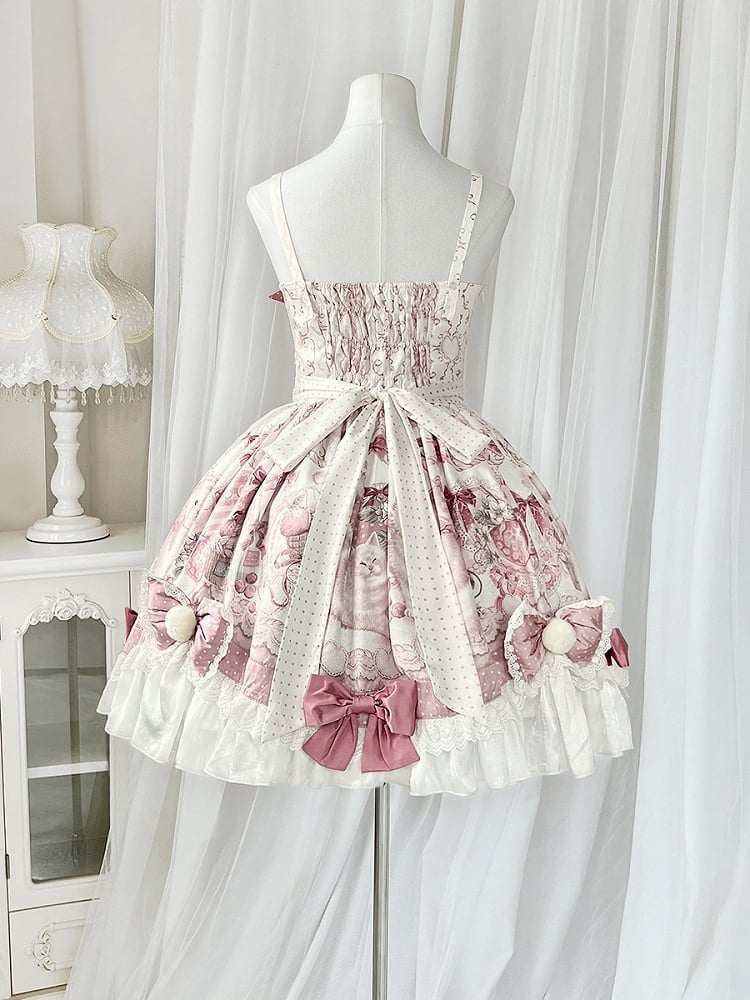 Bow Lolita Strawberry Sweet with Pink Print Jumper Skirt Accents and Kitty