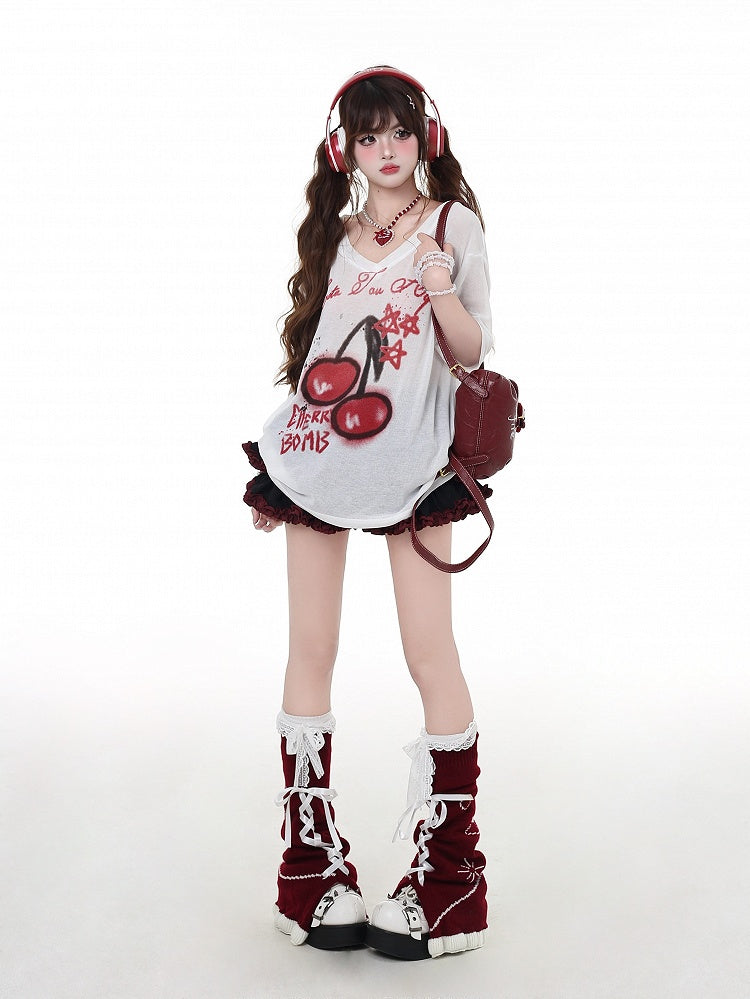 Tシャツ ホワイト セミシアー Vネック チェリープリント 日焼け防止 ビタースウィート