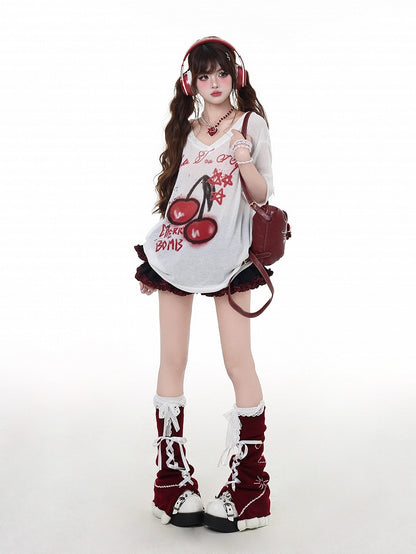 Tシャツ ホワイト セミシアー Vネック チェリープリント 日焼け防止 ビタースウィート