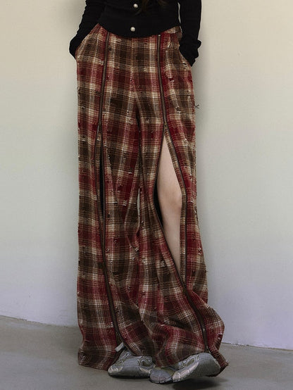 レッドジッパーストレートレッグカットチェックパンツ