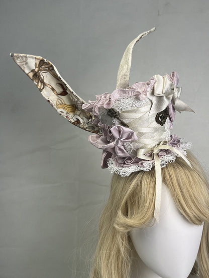Beige/Navy Lolita Mini Hat with Bunny Ears & Lace - Rosede Cheese