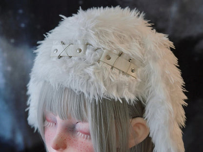 White Gothic Studs and Pins Bunny Ear Plush Hat