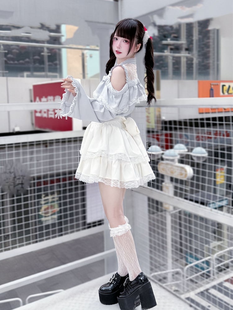 Three-Piece Sleeve Jirai Blouse Flared Blue Kei Set: Cutout Shoulder