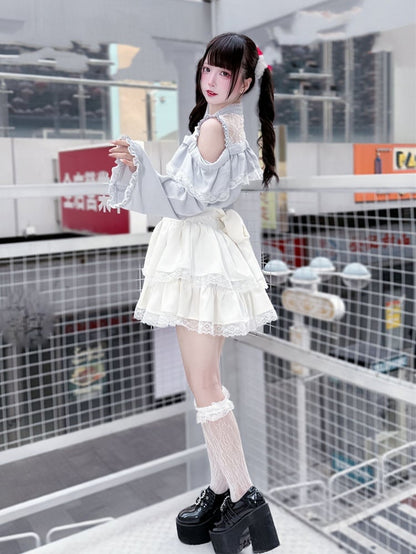 Three-Piece Sleeve Jirai Blouse Flared Blue Kei Set: Cutout Shoulder