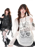 Neck Puppy Round Semi-sheer Top and Kitty Print Loose Black/Beige