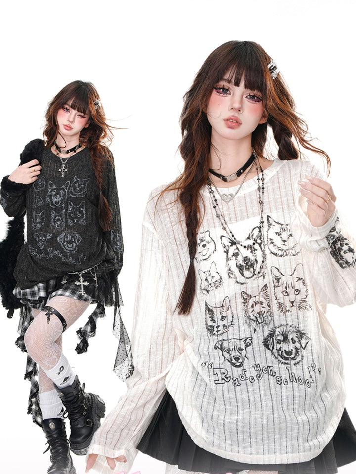 Neck Puppy Round Semi-sheer Top and Kitty Print Loose Black/Beige