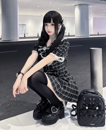 ミニドレス+ショーツ ジライ ブラック レースアップ チェック柄 セット 装飾ディテール ケイウエスト ラインストーン