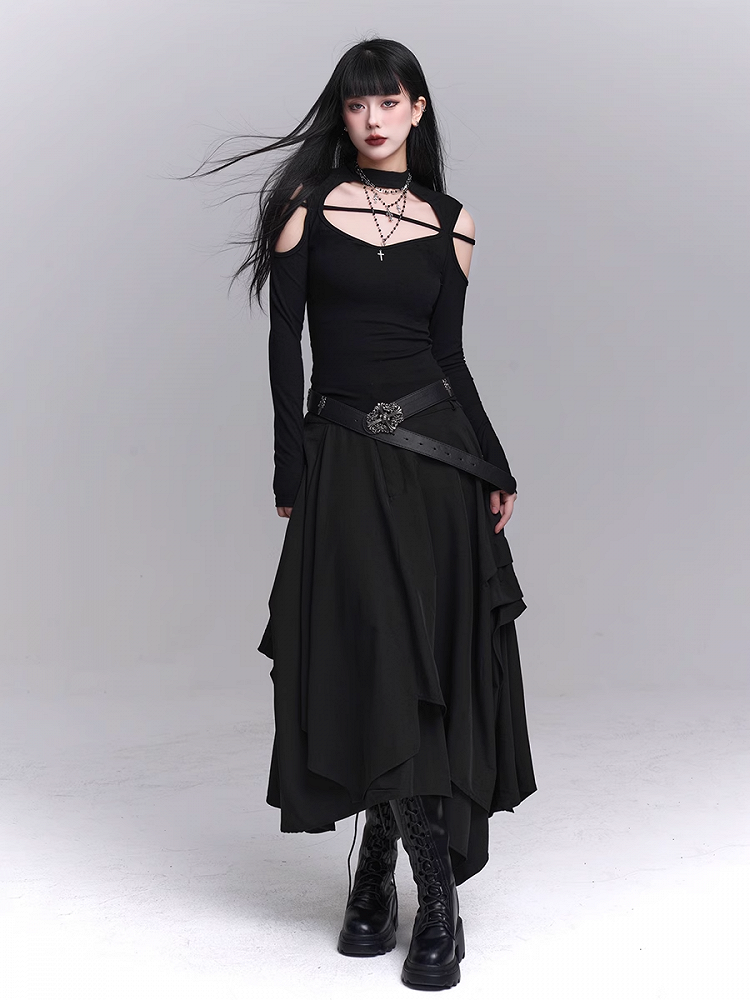 ブラックフロントボタンプラケットアシンメトリーヘムスカート