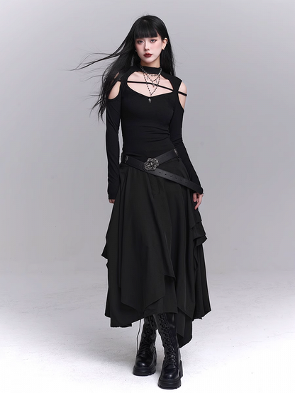 ブラックフロントボタンプラケットアシンメトリーヘムスカート