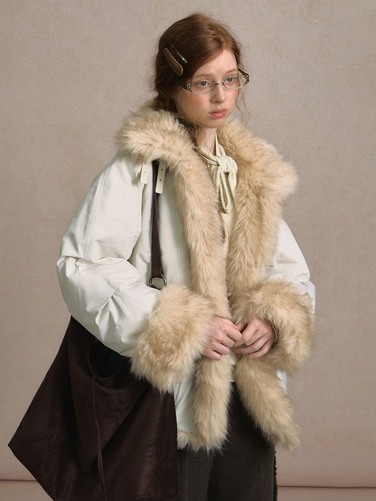 Light Gray/Brown Puffer Jacket with Buckle Strap and Plush Trim