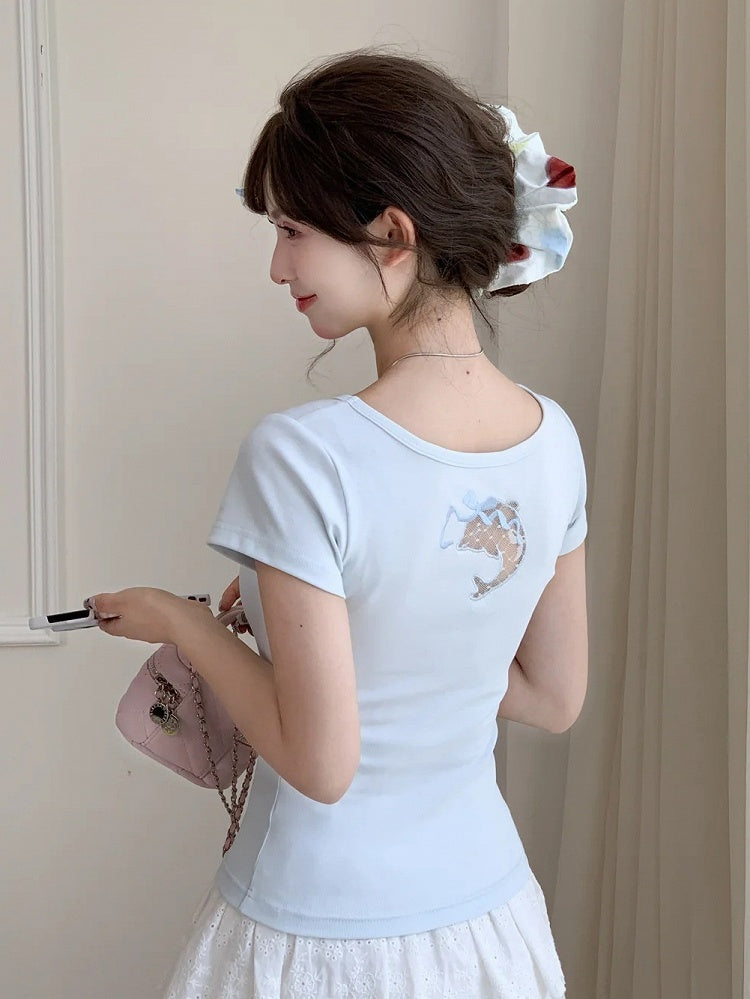 Dolphin-shaped Cutout Back Blue Scoop Neckline T-shirt