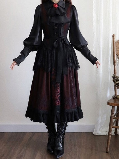 Details Dress with Square Neckline Embroidered Black Gothic Lace Red Lolita
