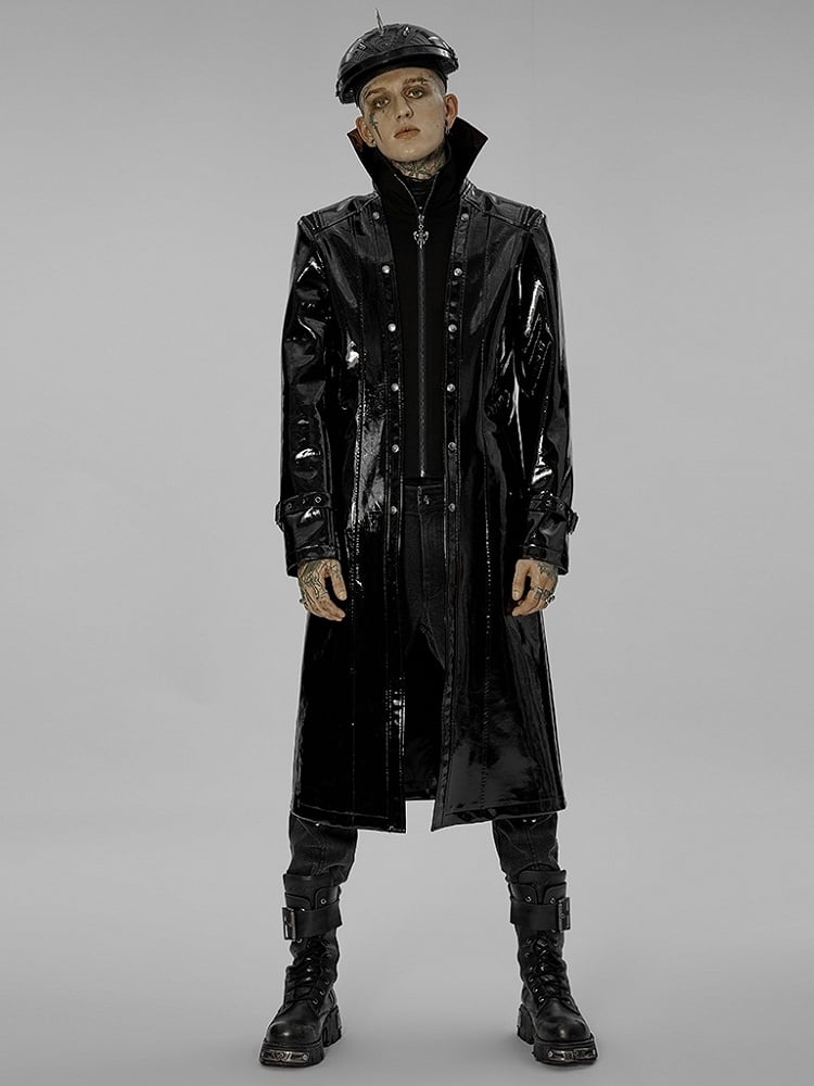 Black Men's Gothic Patent Leather Long Coat