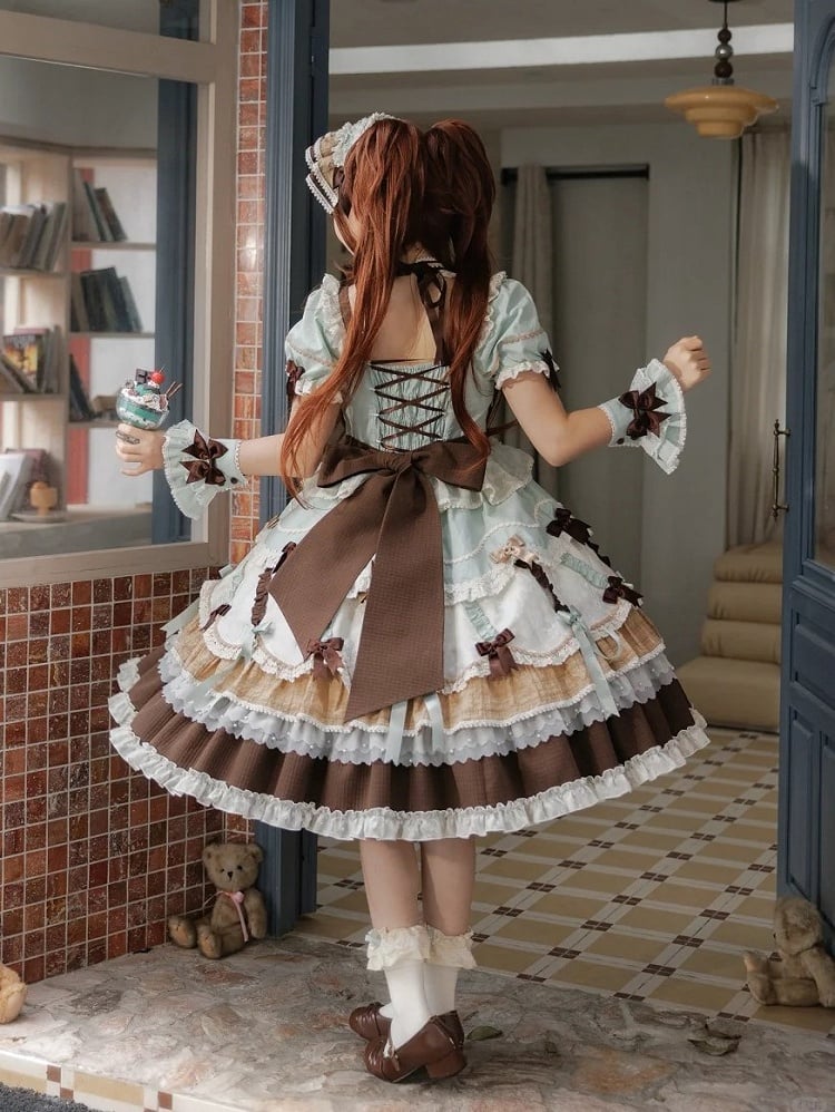 Neckline Bowknot Puff Dress Chocolate Sleeves Details Green Lolita Mint and Square Sweet