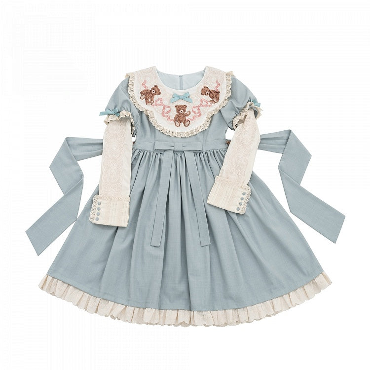 Bear Lace Trim Dresswith Teddy Embroidered Sleeves Puff Blue Neckline Lolita Sweet Mint