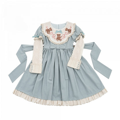 Bear Lace Trim Dresswith Teddy Embroidered Sleeves Puff Blue Neckline Lolita Sweet Mint