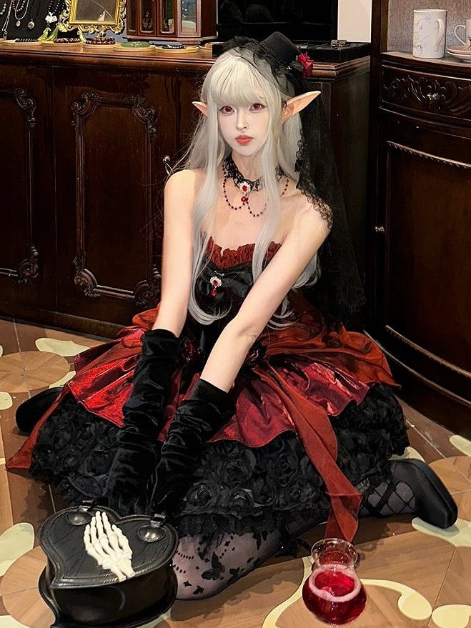 Lolita Bouquet Strapless Boned Red Gothic Hem with Black Rose Dress