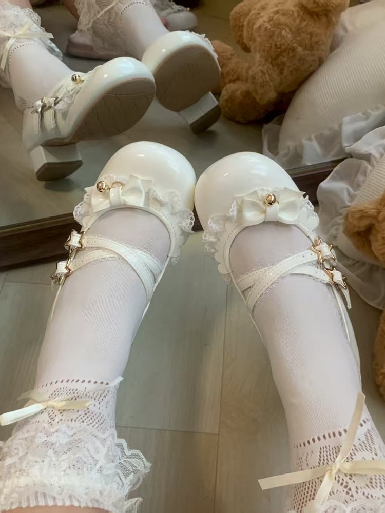 Mary Heel Lolita White Low - Star Janes Sweet PU with Buckle