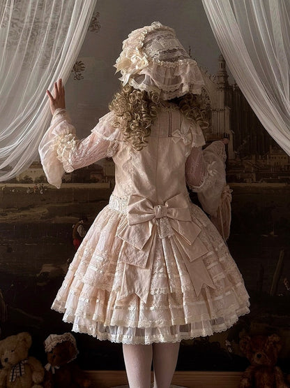 Retro Beige Lolita Lace Gown with Satin Ribbon Accents - Twin Bear Original Design
