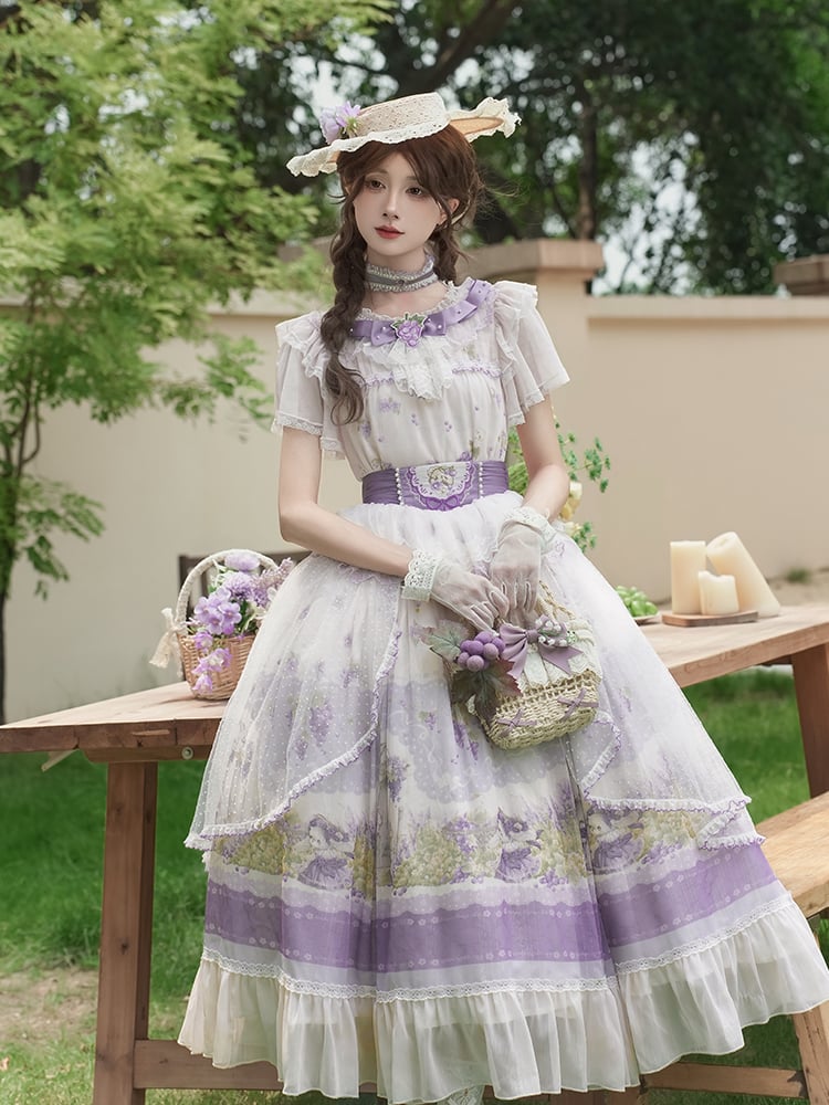 Set Elegant Top Classic Full Purple - Grape-Print Necklace Skirt + Lolita