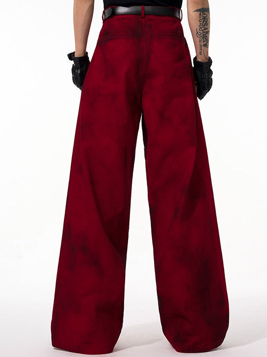 Design Leather Wide-leg Panel Pants Men's Red with