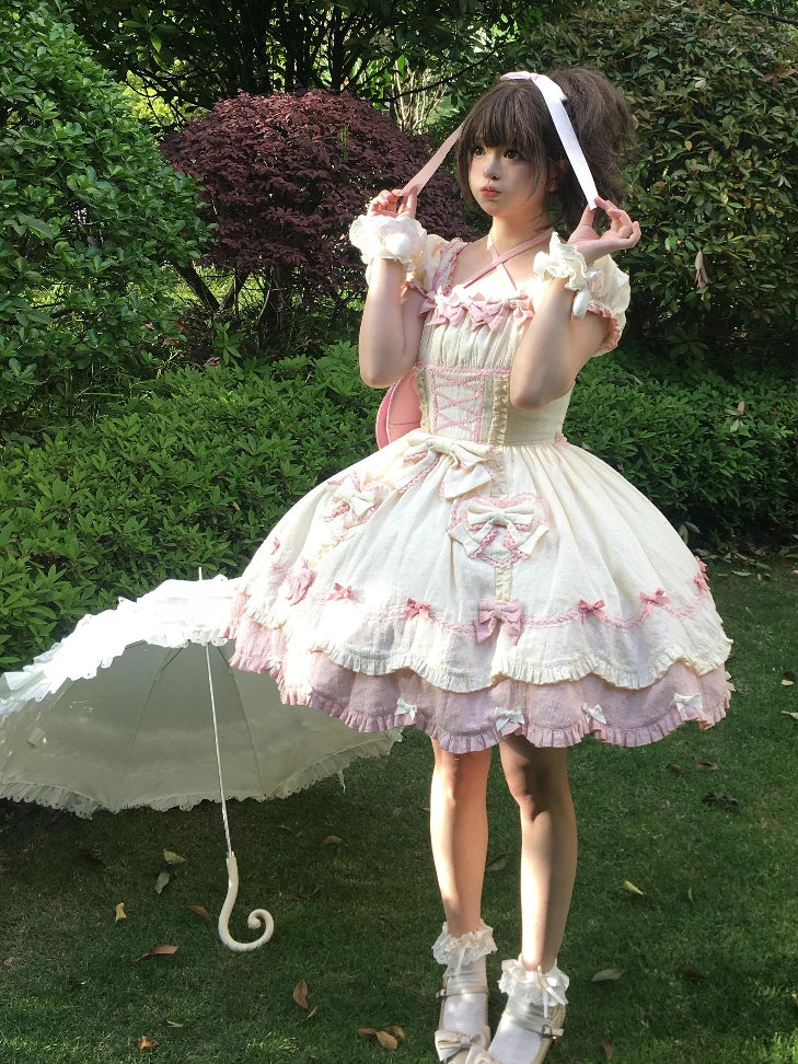 Sleeves Detail Sweet Old School Bowknots Lolita And Dress Yellow Piece One Pink Short Light