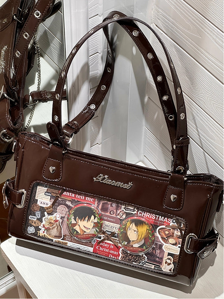 Versatile Ita Brown Leather PU Bag Transparent-Window