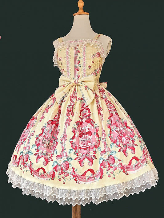 Bow with Pink Yellow Details Strawberry Hem Lace and Dress Lolita Print Sweet
