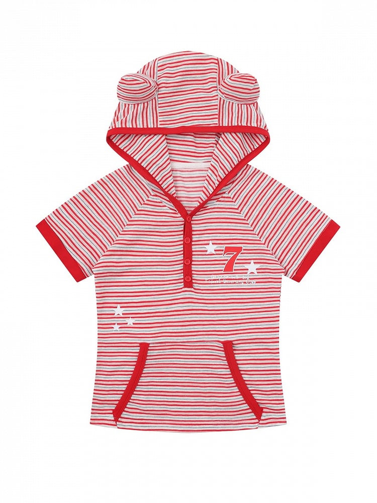 Red Striped Short Sleeve Hoodie with Kitty Ear Detail - Languid Park