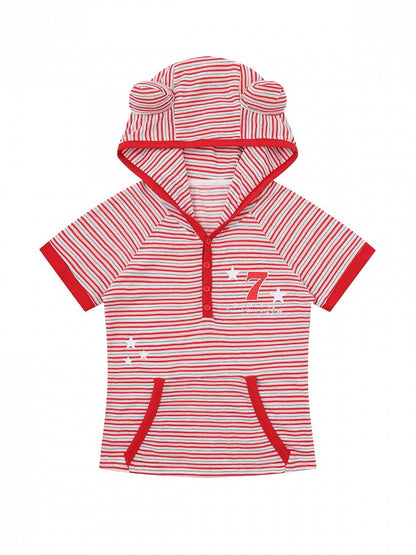 Red Striped Short Sleeve Hoodie with Kitty Ear Detail - Languid Park
