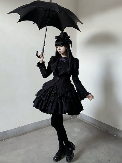 Black Gothic Lolita Tiered Ruffle Puffy Skirt