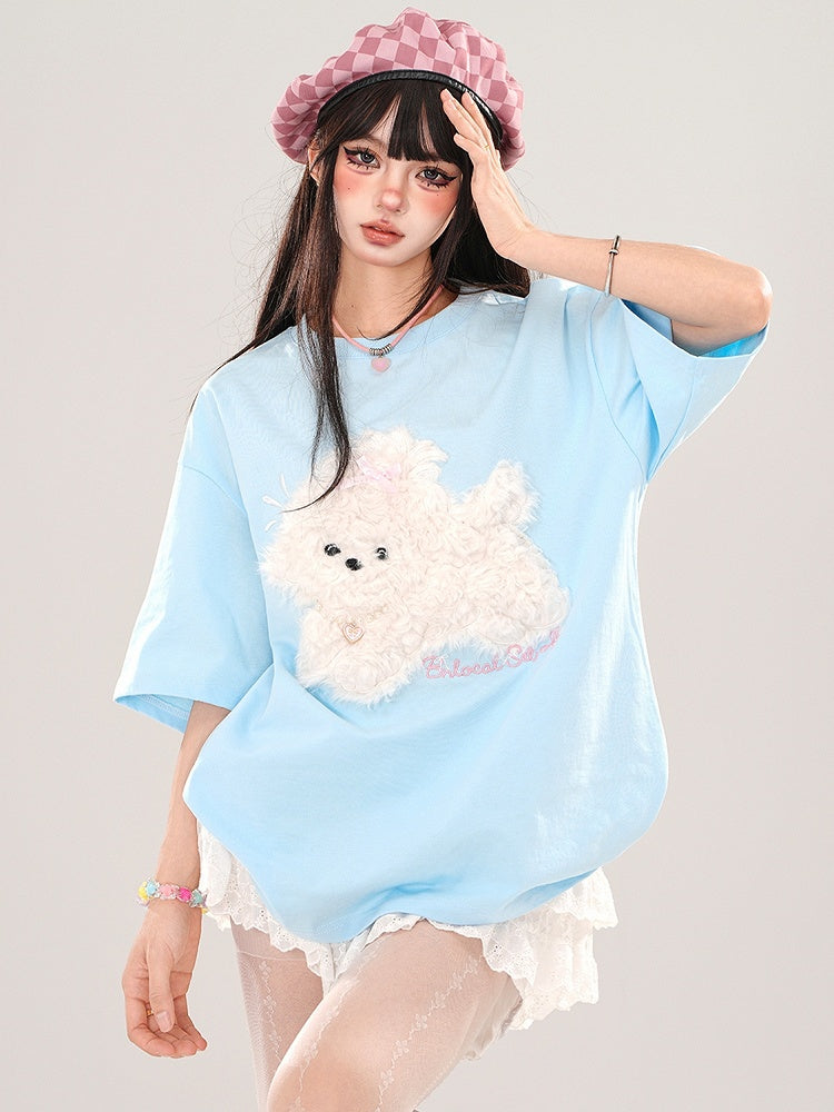 Blue/Grey/Black Plush Puppy Applique Loose T-shirt
