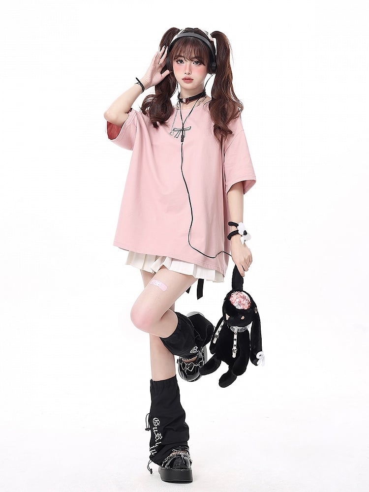 with Print Details T-shirt Bow Lacing Ribbons Pink Back Multi-Color