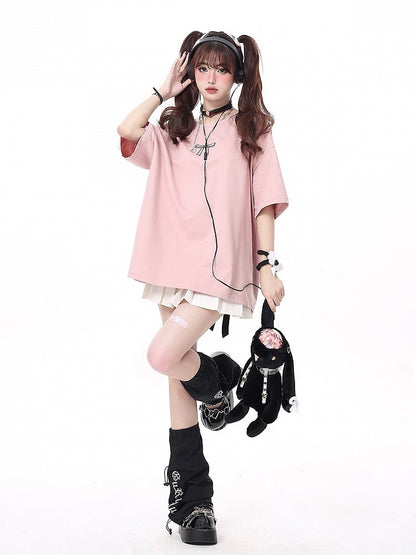 with Print Details T-shirt Bow Lacing Ribbons Pink Back Multi-Color