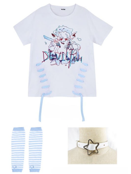 Tenshi Trim Graphic Cartoon Tee Blue Decorative Devilfish Kaiwai with Eyelet Light