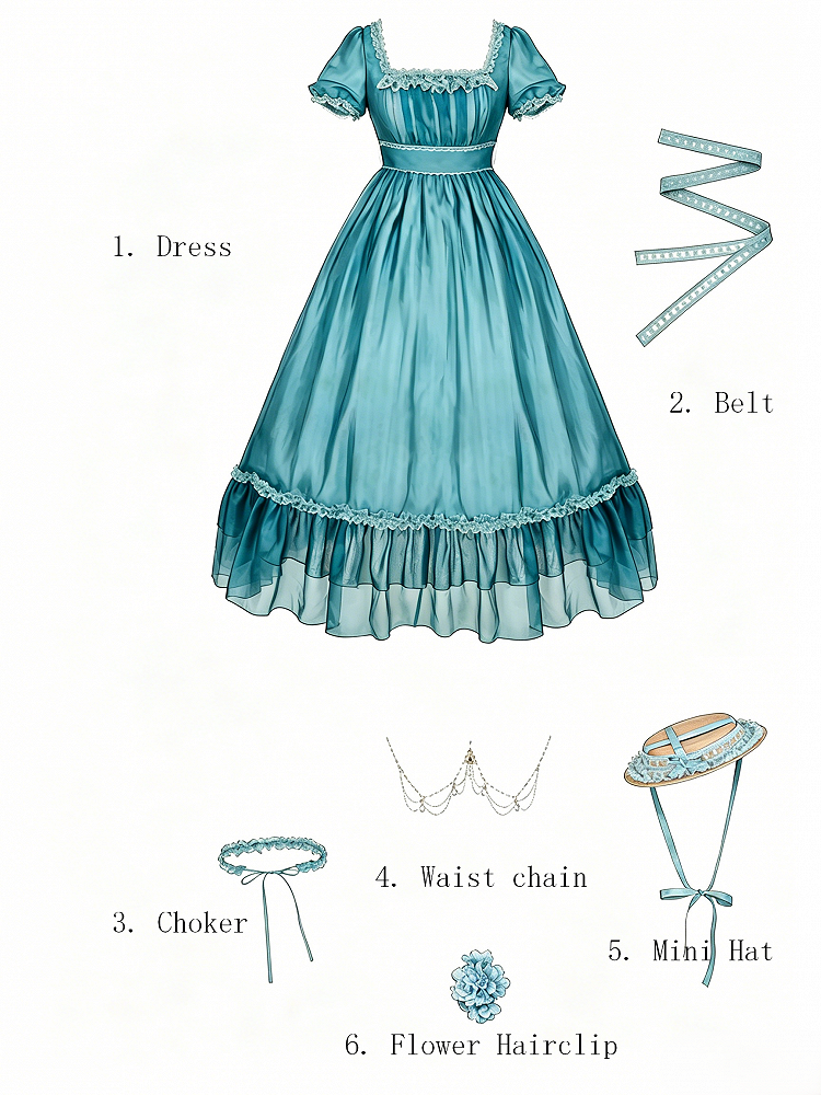 Ruffle Teal Lolita Dress with Chain, Choker & Hat Set - Classic - With PUJI