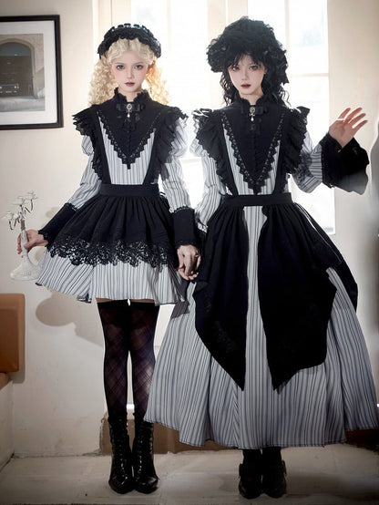 Light Gray Striped Pattern Nun Juliette Sleeves Banded Collar Gothic Lolita Dress Short Version
