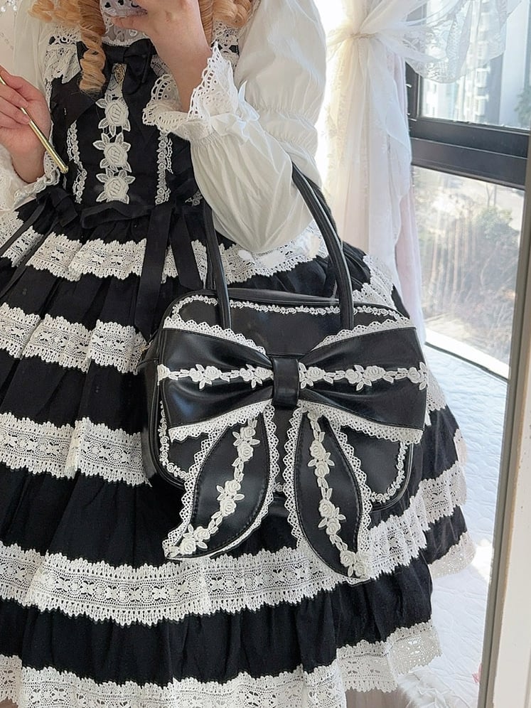 Tasche Lolita Schleife süß PU quadratisch große Spitze mit Front Schule schwarz weiß und alten Trim