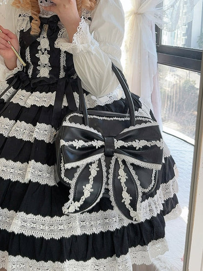 Tasche Lolita Schleife süß PU quadratisch große Spitze mit Front Schule schwarz weiß und alten Trim