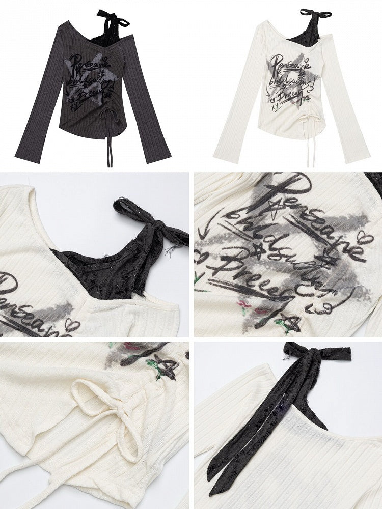 Y2K Dark Gray Off-Shoulder Long Sleeve Top with Graffiti Print, Hem Slit & Drawstring Details - CRAZY GIRL