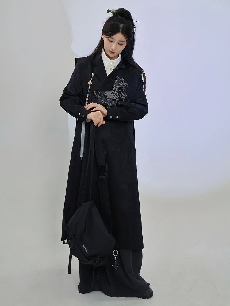 Black Trench Coat with Dragon Embroidery, Mandarin Collar & Detachable Tassel Trim - Feng Hua Gui Guo Ling