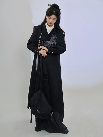 Black Trench Coat with Dragon Embroidery, Mandarin Collar & Detachable Tassel Trim - Feng Hua Gui Guo Ling